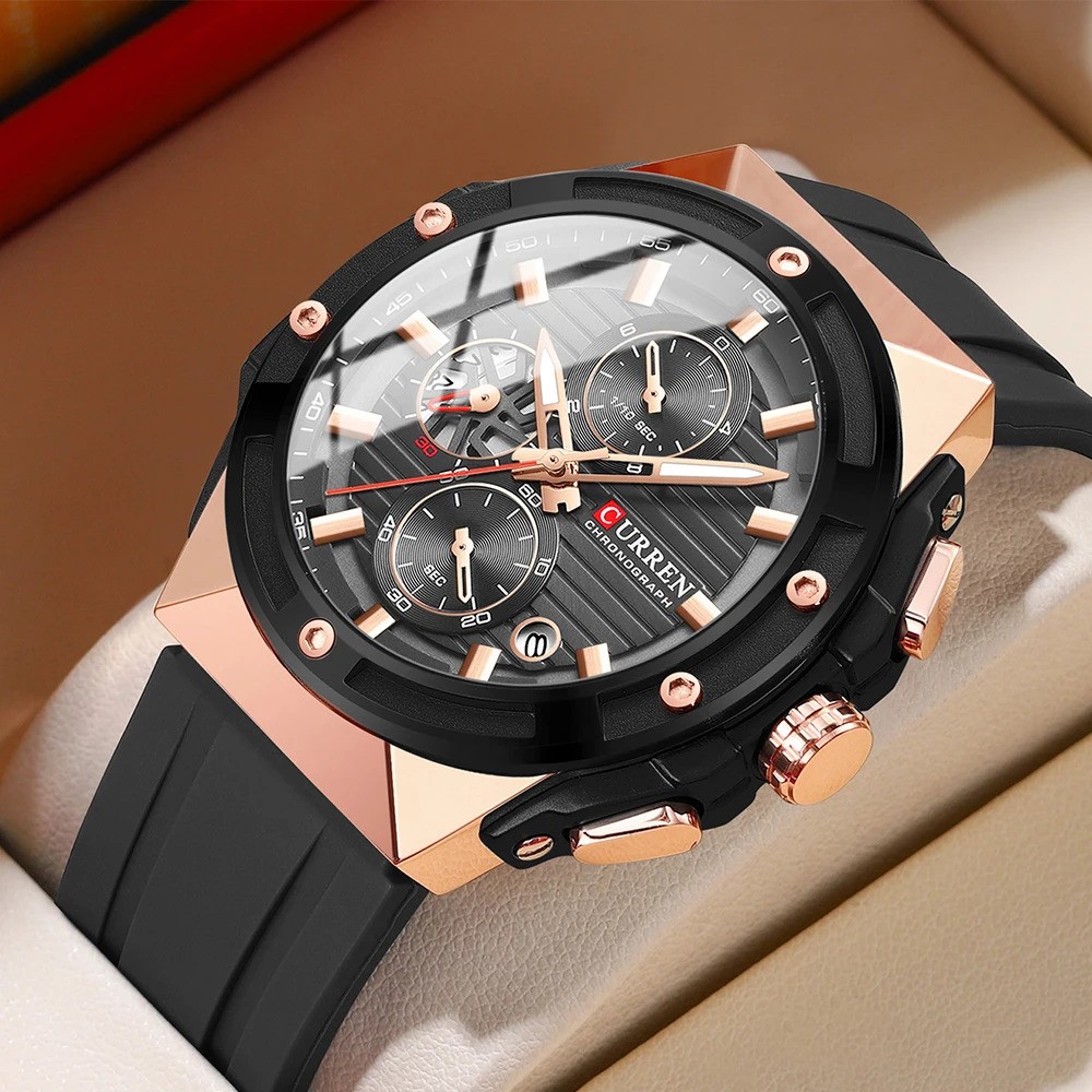 CURREN Men Sport Watch Chronograph Quartz Large Dial Silicone Strap Waterproof