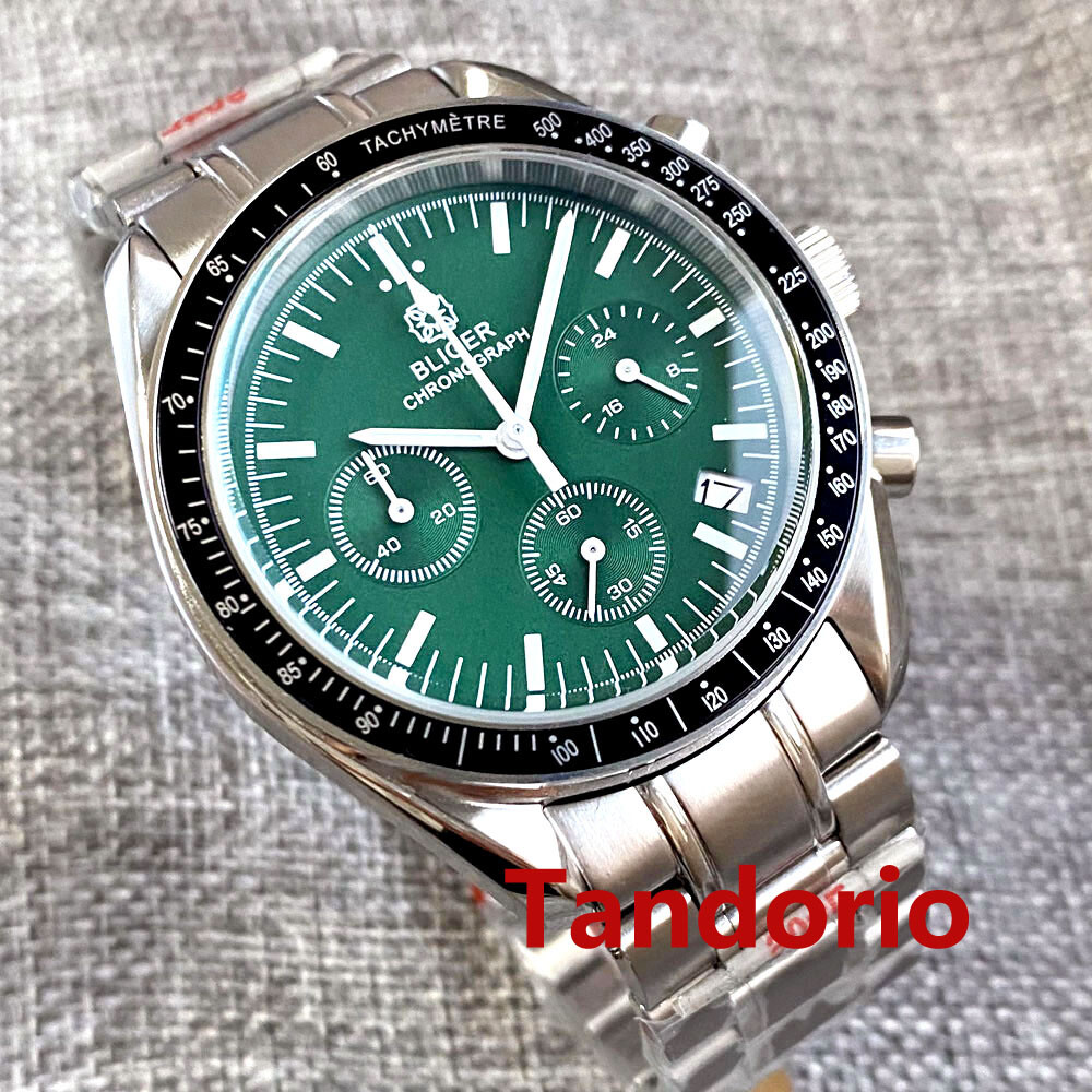 Bliger 40mm Quartz Full Functional Chronograph Watch Green Dial Folding Clasp