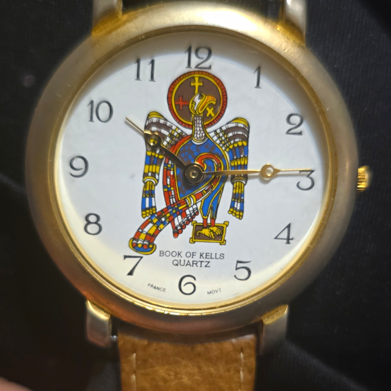 Book of Kells Quartz Analog Watch Religious Dial Gold Round Brown Leather Strap