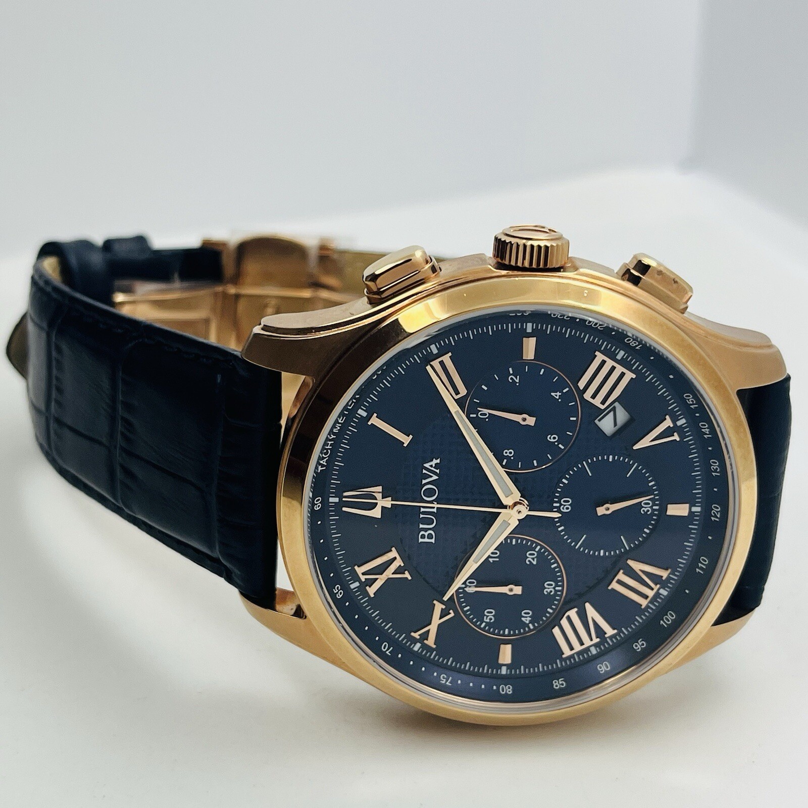 Bulova Wilton Men’s Chronograph Rose Gold Steel 47mm Leather Watch 97B170