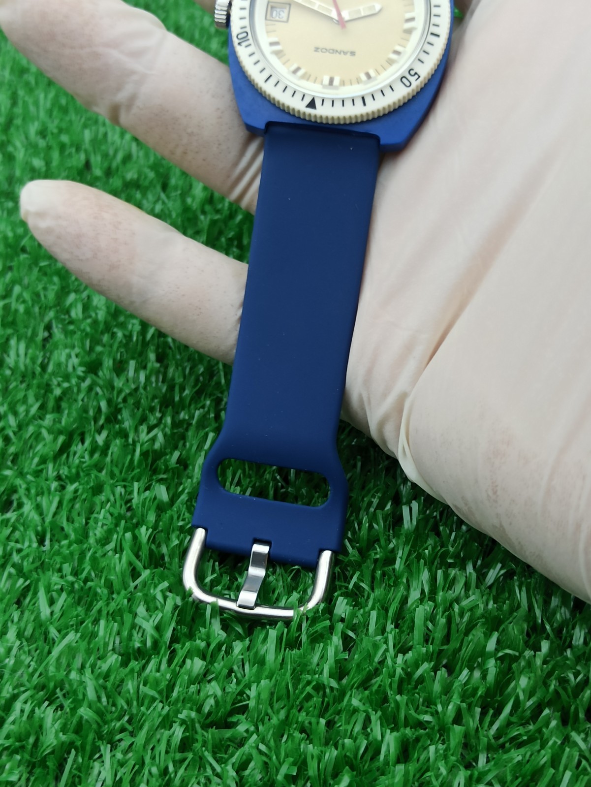 HYPER-RARE SANDOZ INCABLOC JUMBO DIVER BLUE WATCH MECHANICAL SWISS 1970s