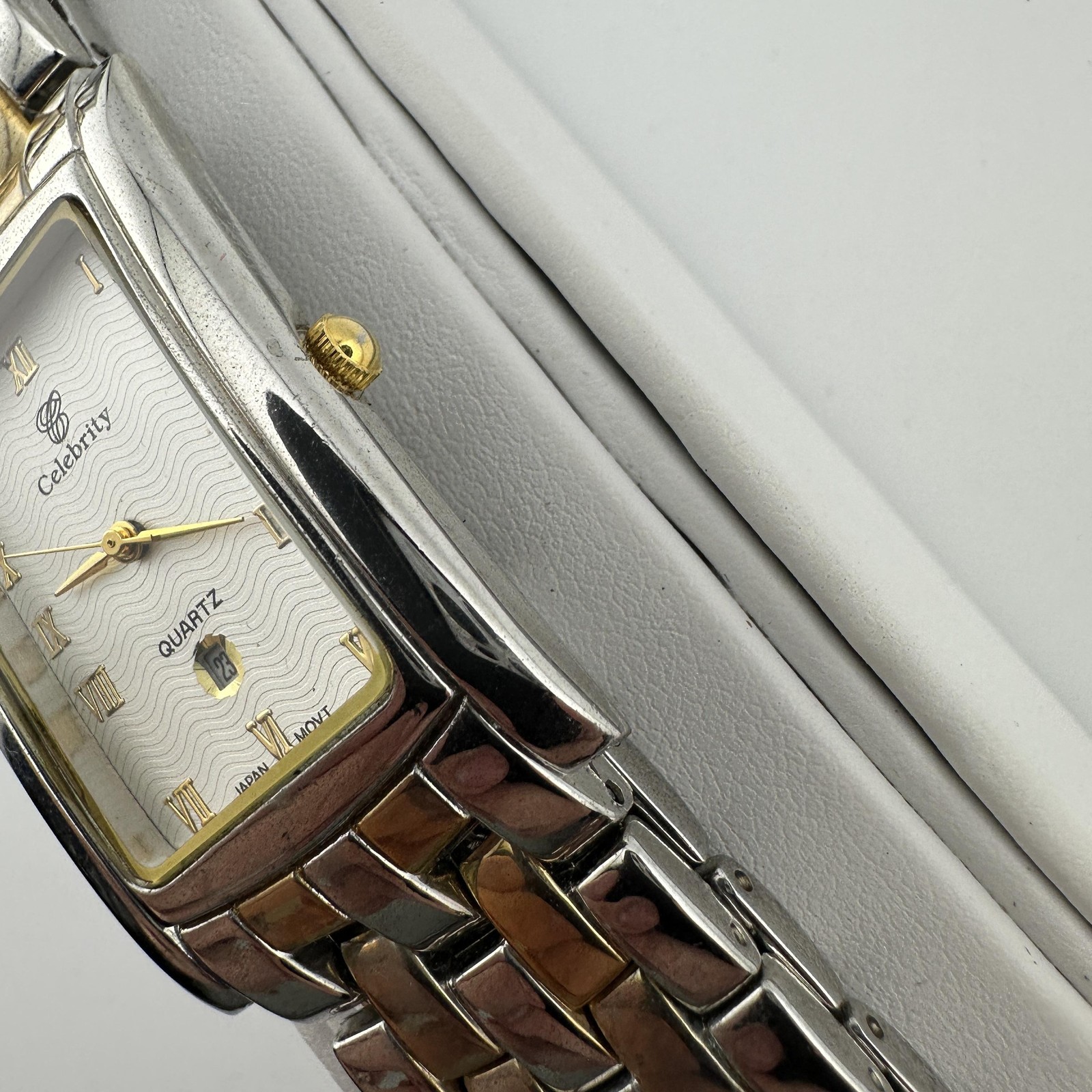 Celebrity Quartz Watch Rectangular Tank Two-Tone Roman Numeral Date Japan Movt