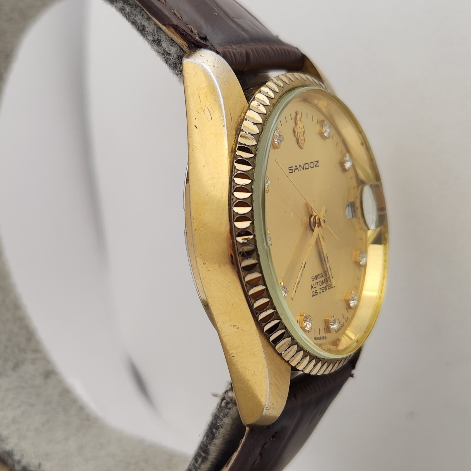 Vintage Sandoz men’s automatic watch 25Jewels diamond hour markers ETA 2824