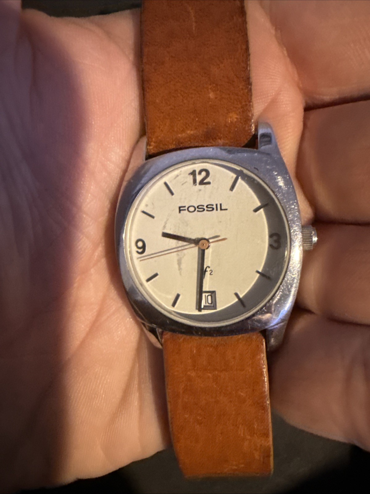 Fossil F2 Watch Women Silver Tone Genuine Leather Brown Strap ES-9585 Works