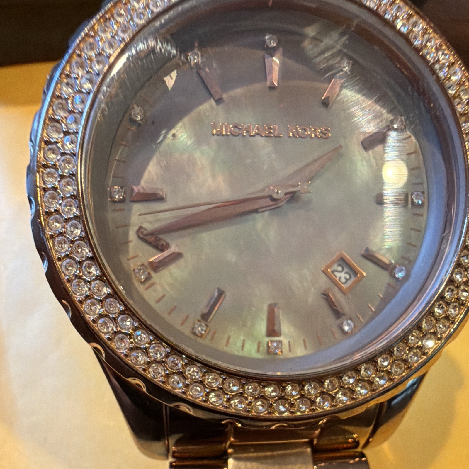 Michael Kors Rose Gold Mother of Pearl Dial Quartz Watch 100m Date Gem Bezel