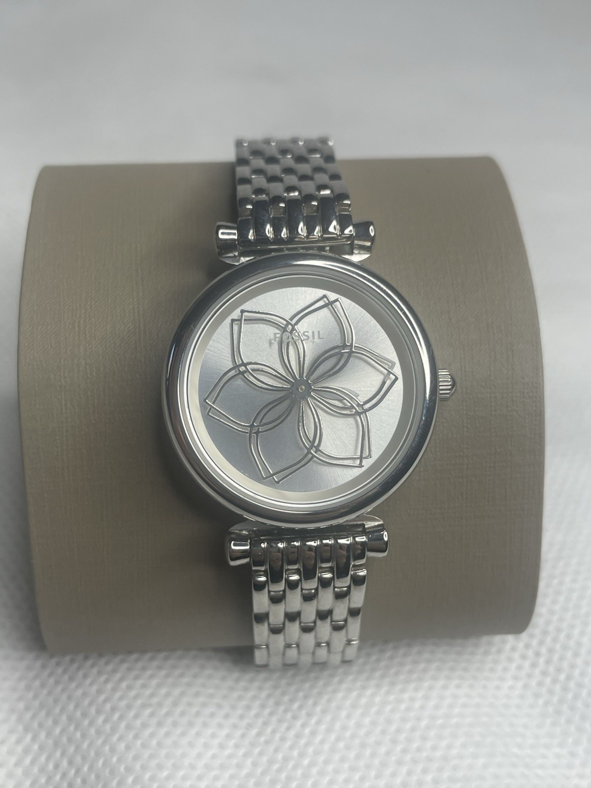 Fossil Carlie Silver Floral Rotating Mandala Watch Matching Snap Bracelet ES4692