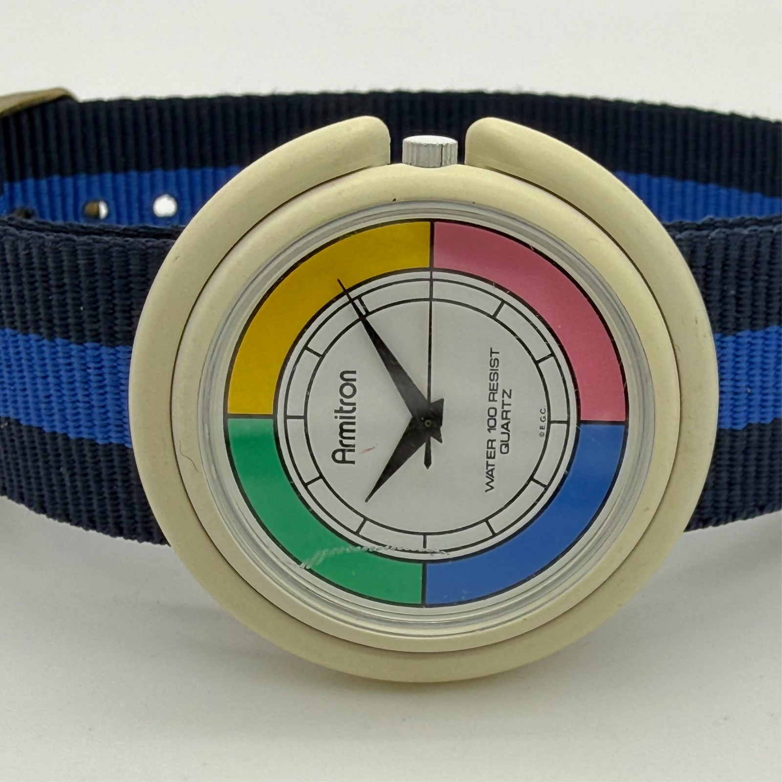 Vintage 1980s Unisex ARMITRON White Plastic, Multicolor Dial Watch, 40mm 25/4768