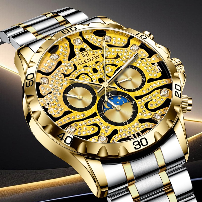 GLENAW Tiger dial rhinestone scale gold 12-hour week mechanical men’s watch