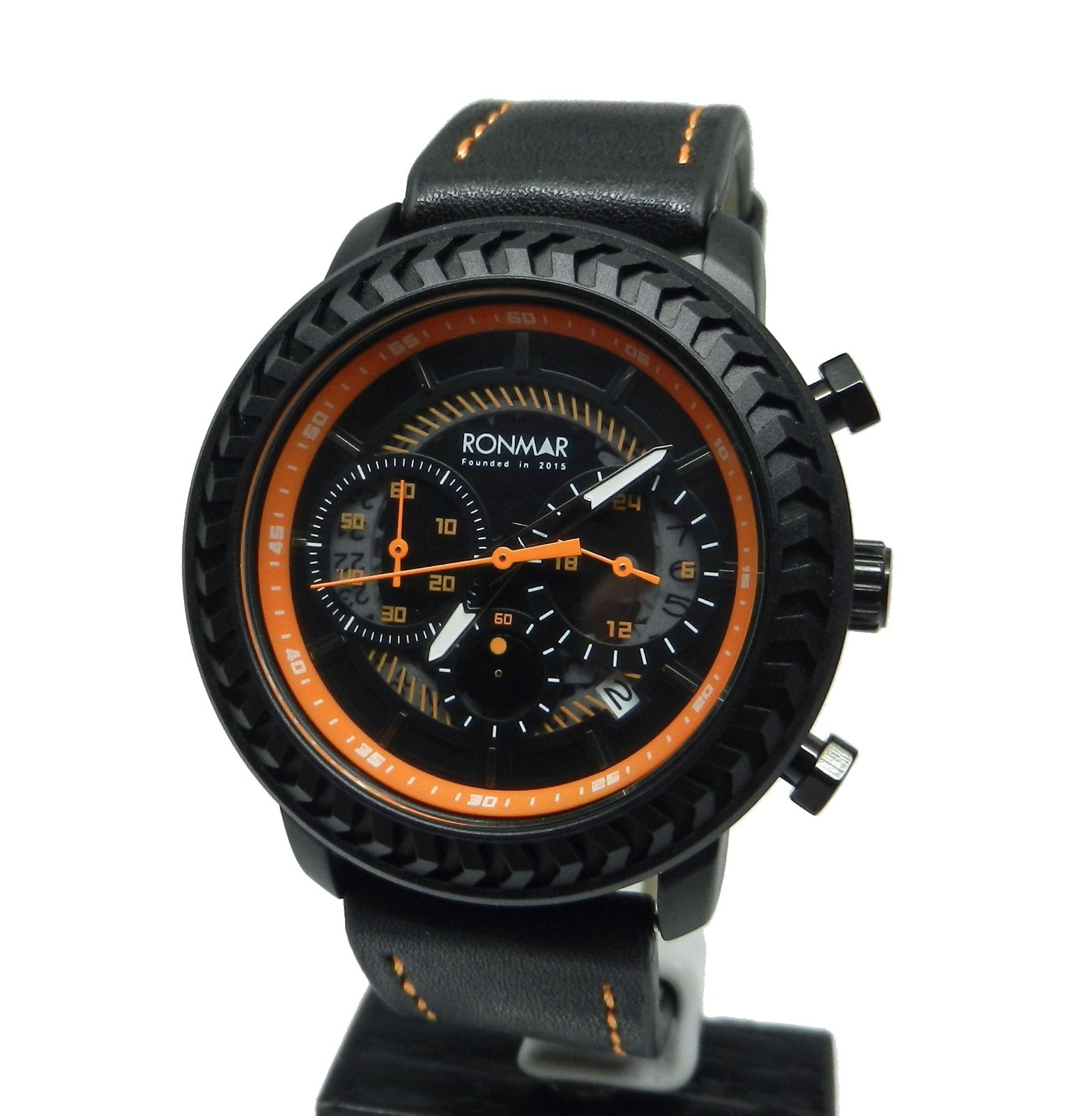 Men’s 44mm Chronograph Date Dial Black Orange With Leather Strap Rugged Watch