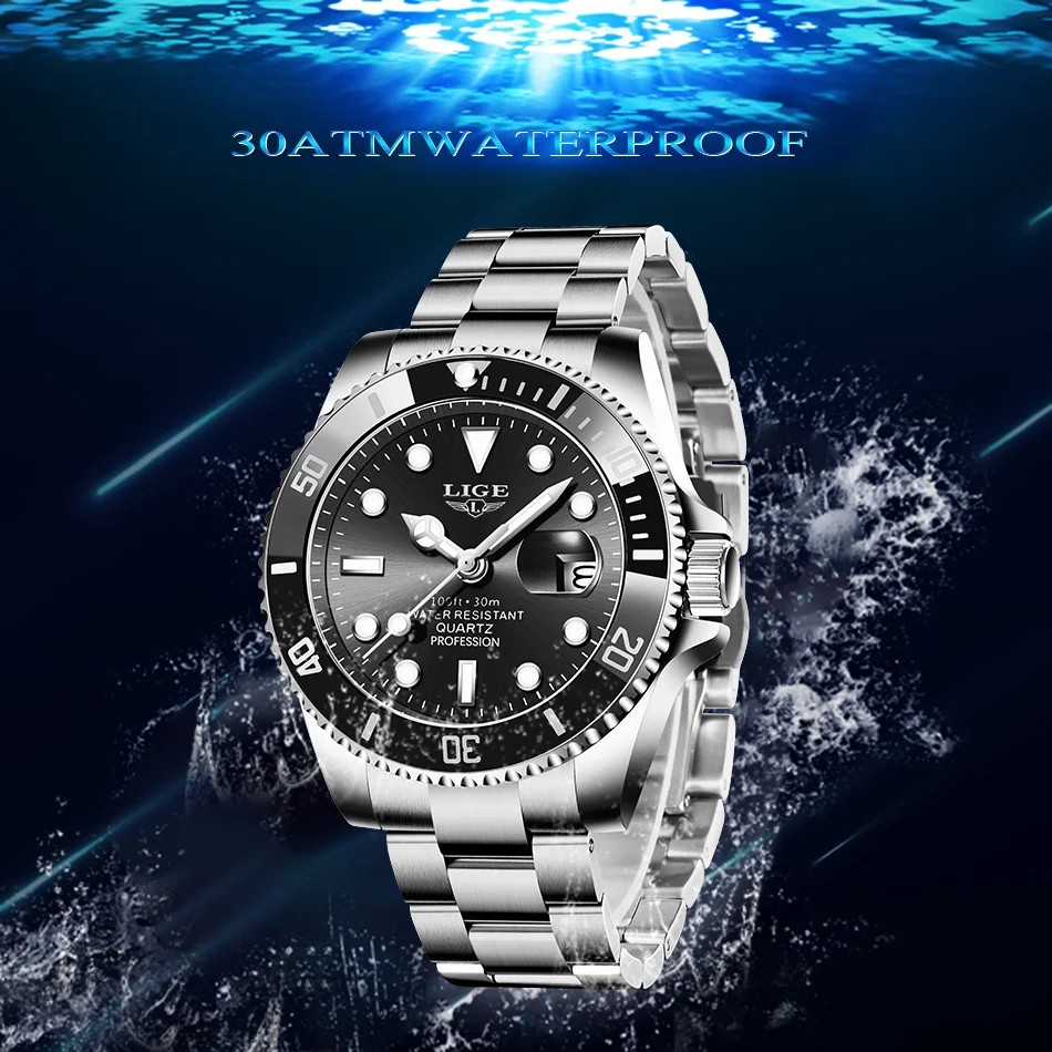 LIGE Business Men Watches Auto Date Quartz Watch Mens Stainless Steel Military M