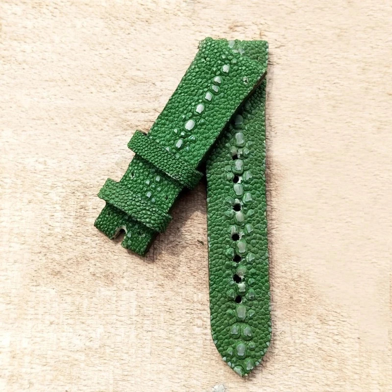 Custom Ray-Style Fish Leather Watch Strap Green Handmade Genuine Textured Band