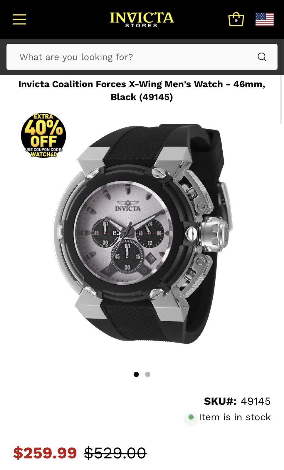Invicta Coalition Forces X- Wing 46mm Black Silicone 49145