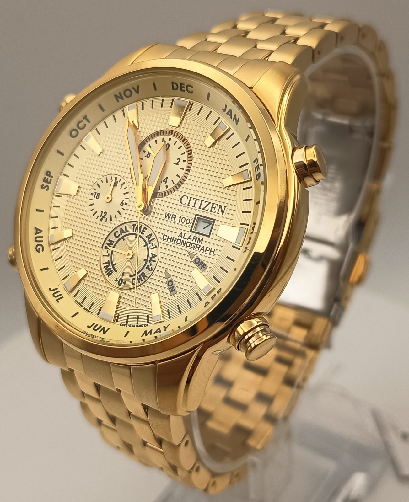 Citizen AI3882-50P Alarm Chronograph WR100 Gold Tone NOS Full Set Box & Papers