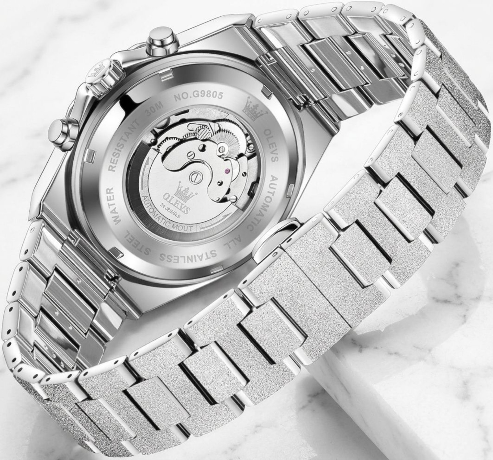 Men Luxury Silver Business Watch Self Winding Wristwatch Silver Dial Bling Olevs