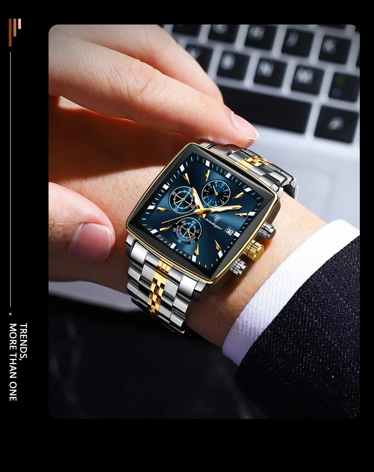 Luxury Men’s Watch Square Stainless Steel Waterproof Luminous Chrono