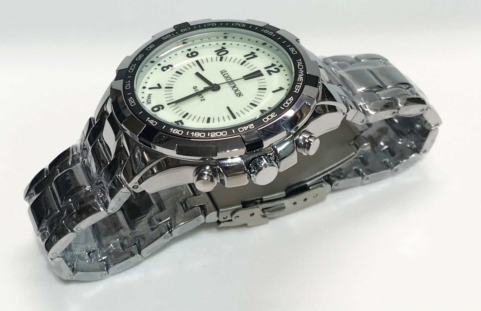 Men’s turquoise luminous dial watch Silver Black 46.5mm case 3atm WR Japan movt