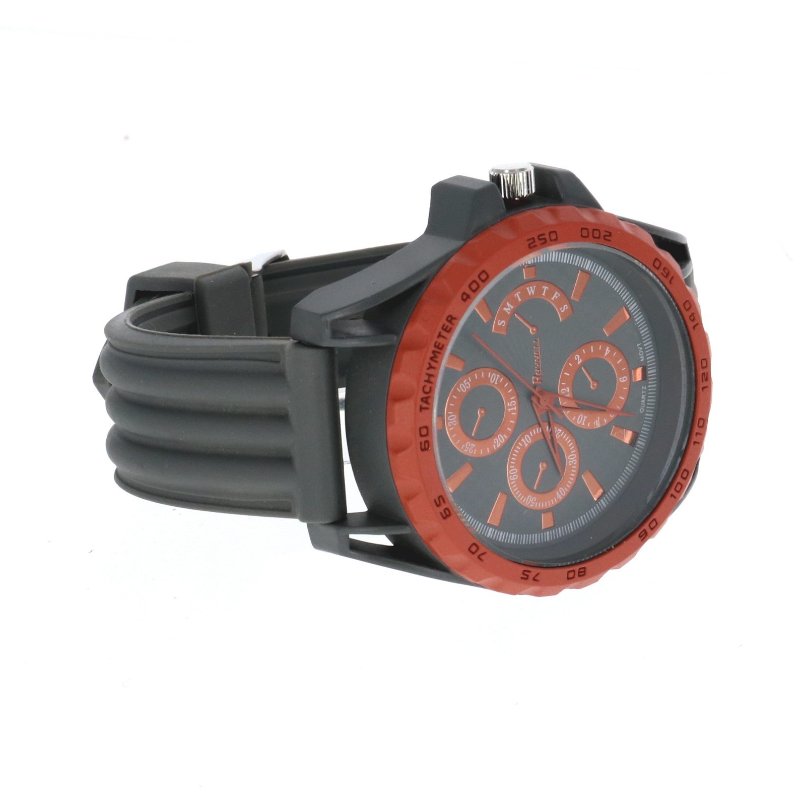 Raynell Chronograph Style Gray Dial , Orange & Grey Oversize Bezel Silicone Band