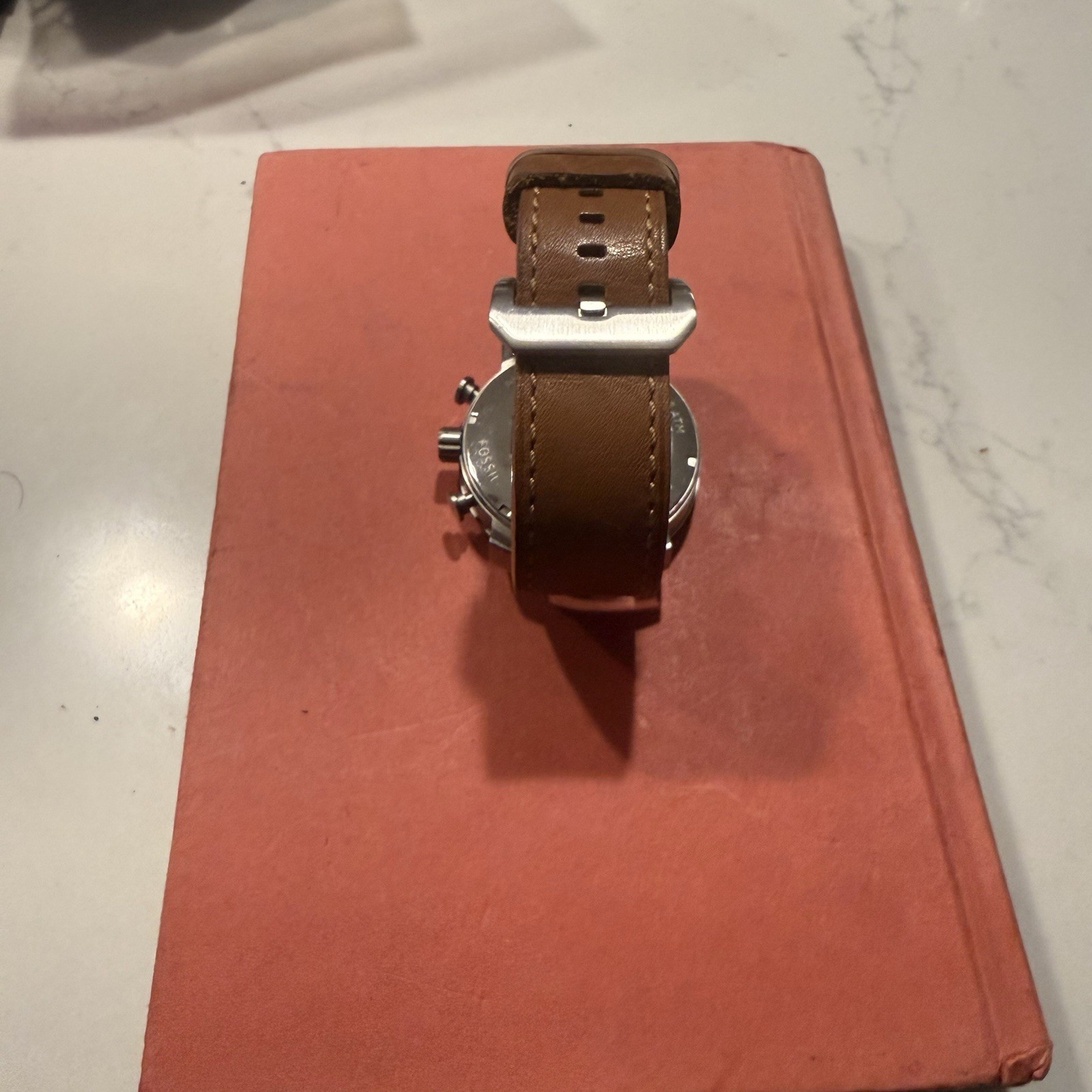 FOSSIL SILVER TONE,TAN,BROWN LEATHER BAND,CHRONOGRAPH,LARGE DIAL WATCH BQ2081
