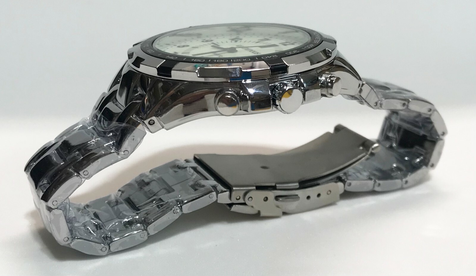 Men’s turquoise luminous dial watch Silver Black 46.5mm case 3atm WR Japan movt