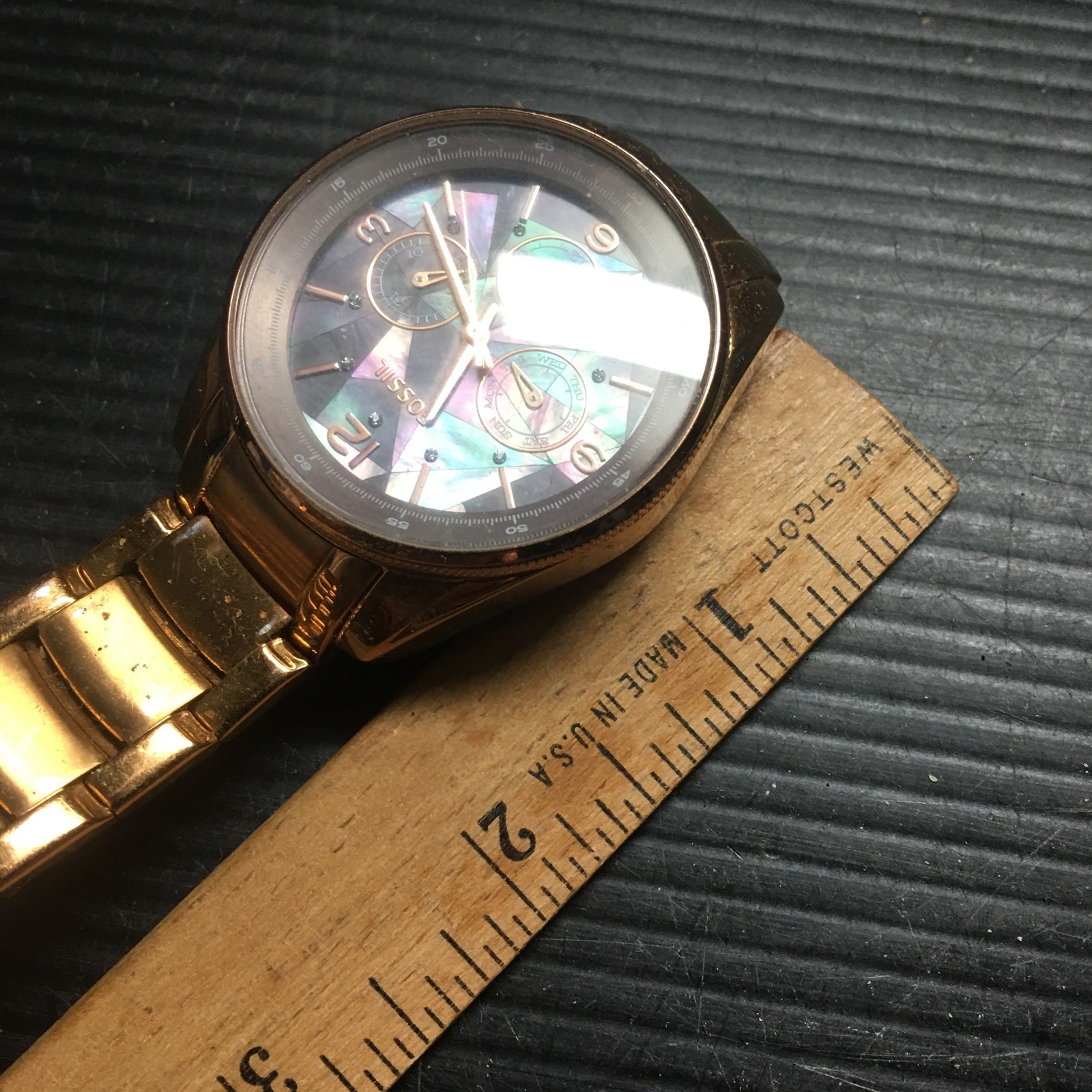 FOSSIL BQ1681 JUSTINE ABALONE GEOMETRIC RAINBOW MOTHER OF PEARL 3 EYE FACE DIAL