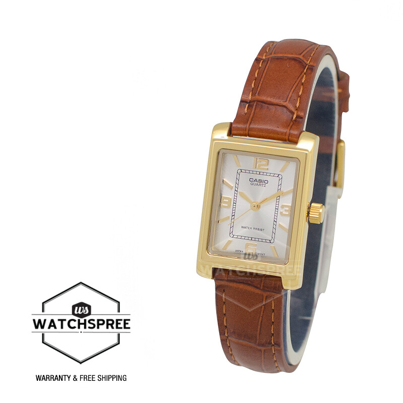 Casio Ladies’ Analog Rectangular Dial Brown Leather Strap Watch LTP-1234GLL-7A