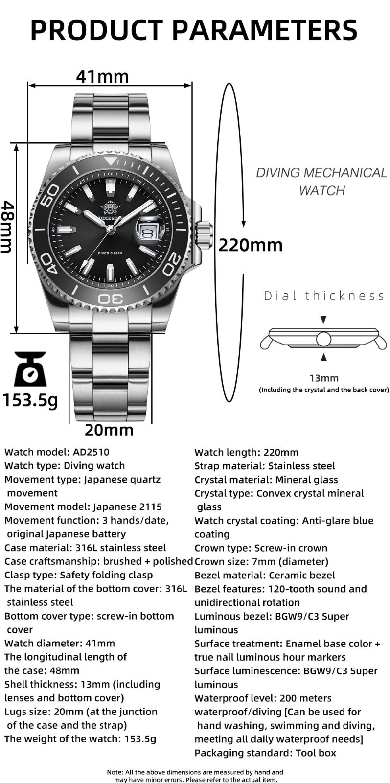 ADDIESDIVE 200M Dive Watch Japanese Quartz 41MM Ceramic Bezel Stainless Steel