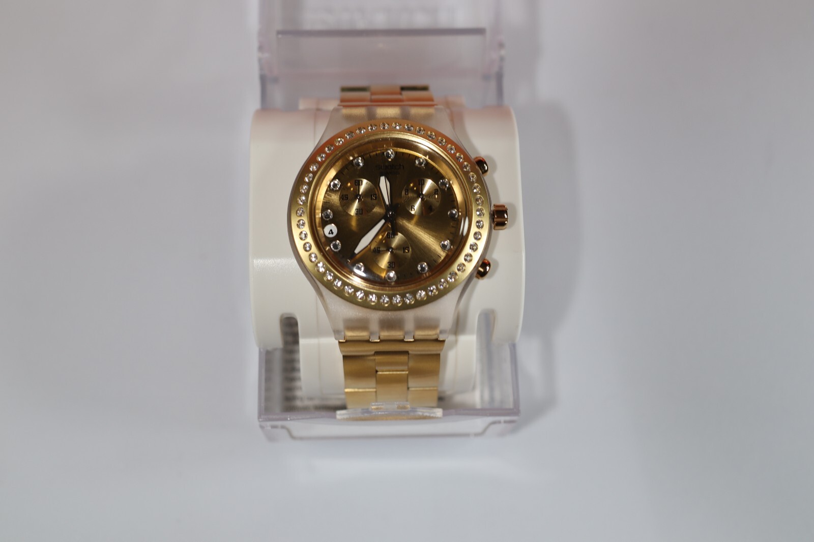 NEW LIMITED SWATCH IRONY FULL BLOODED GOLD CHRONO ALUMINUM 43MM WATCH SVCK4084