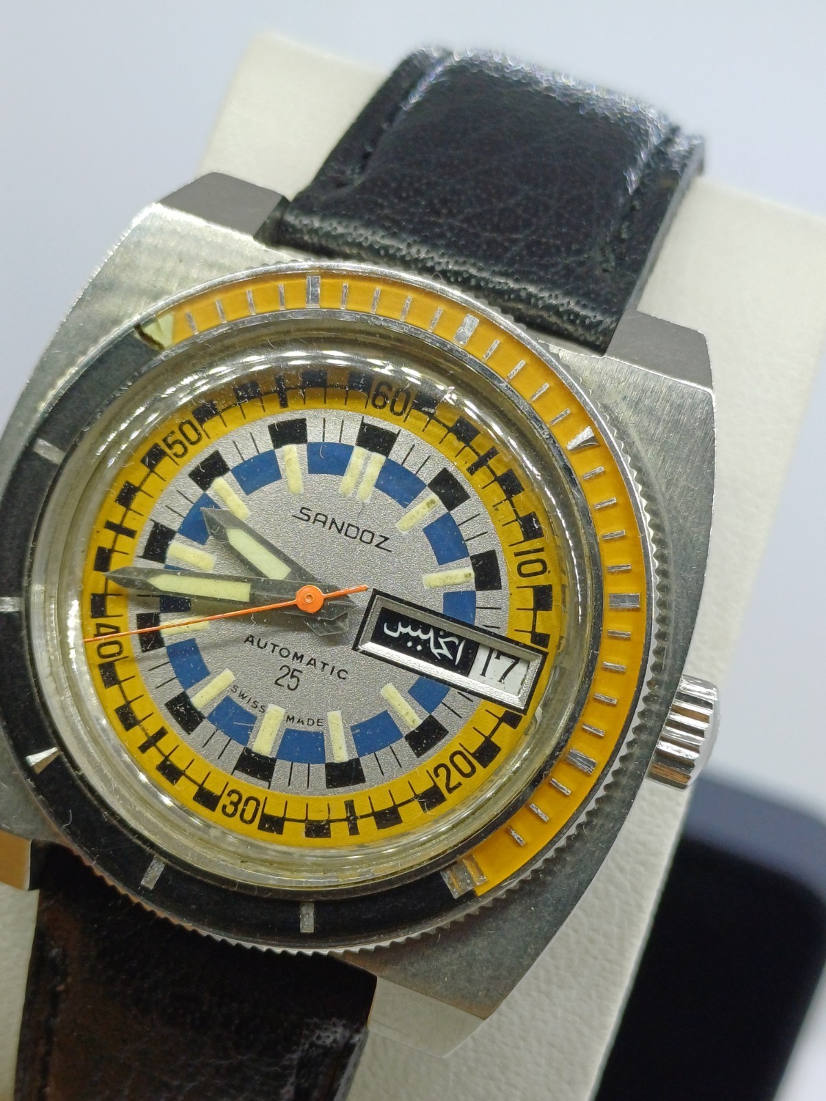 VINTAGE SANDOZ 1748Z-84-8 RALLY OVERSIZE DIVER AUTOMATIC WATCH MENS DAY DATE