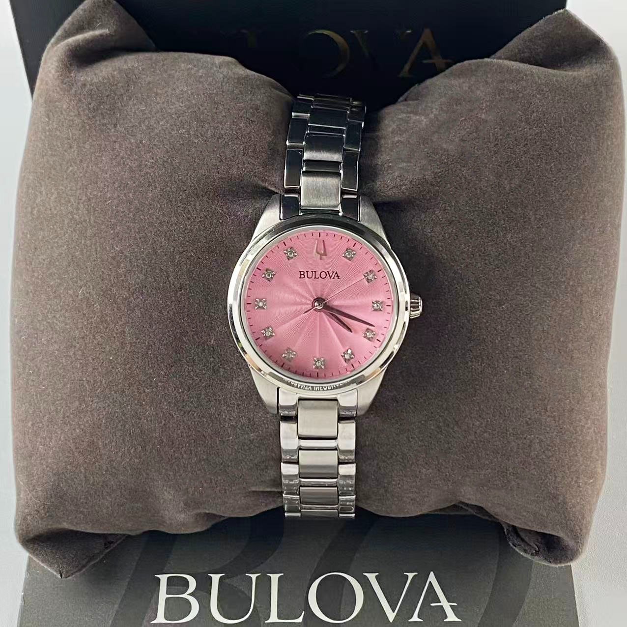 New Bulova 96P249 Sutton Pink Diamond Dial Stainless Steel Women’s Quartz Watch