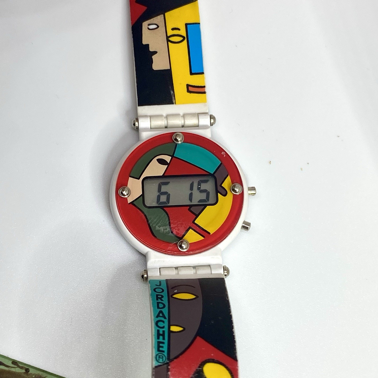 Vtg Works, New Battery-80s Jordache Watch Digital Face Pop Art Design Multicolor