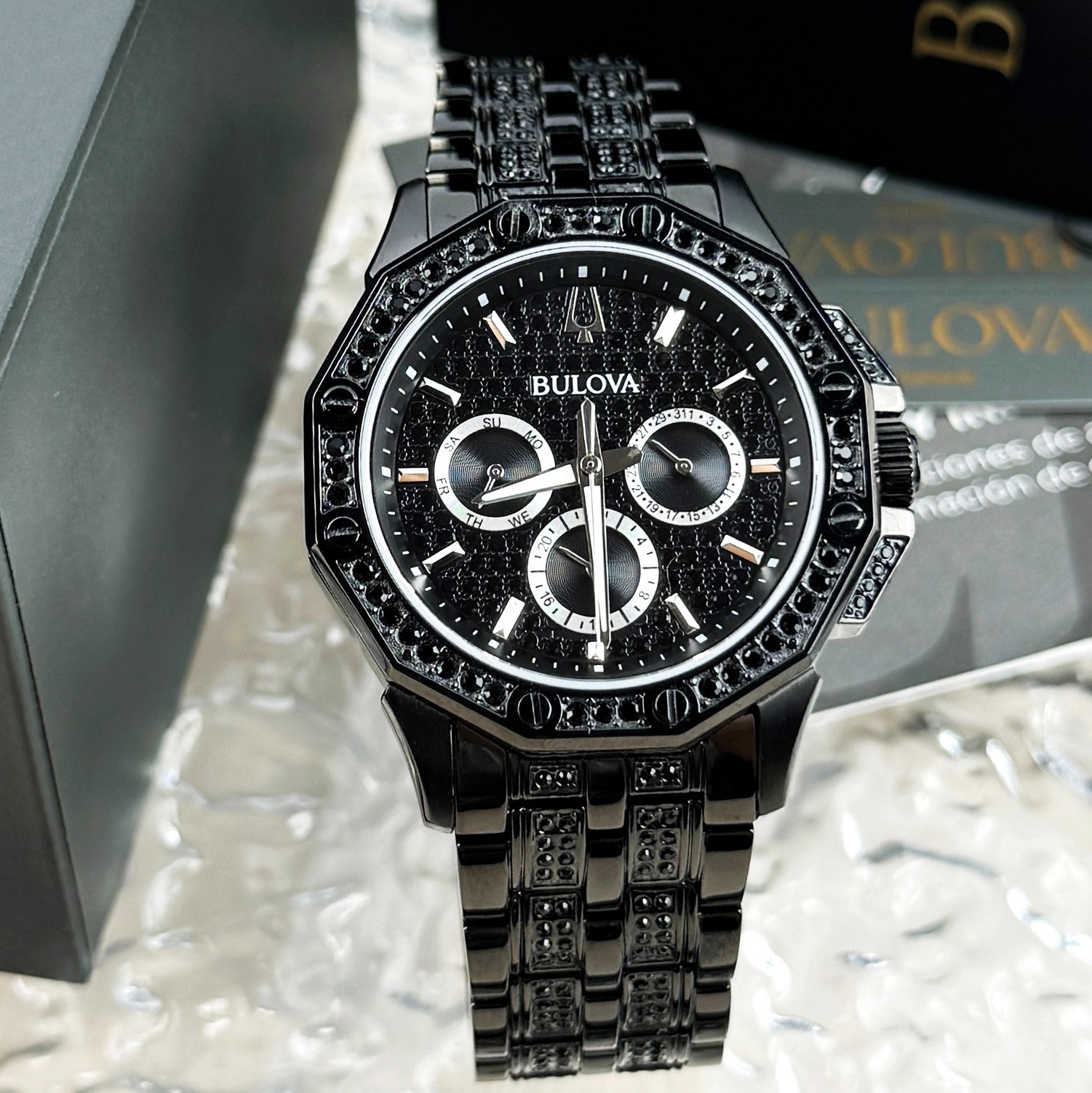 Bulova Octava Crystal Quartz Black Pave Dial Stainless Steel Men’s Watch 98C134