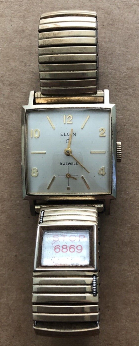 Vintage ELGIN 19 Jewels Mens Wrist Watch 1OK Gold Filled Bezel Top Caps Calendar