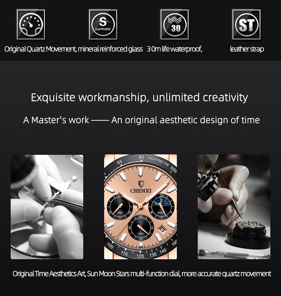 CHENXI Men’s Rose Luminous Calendar Chronograph Moon Phase Business Quartz Watch