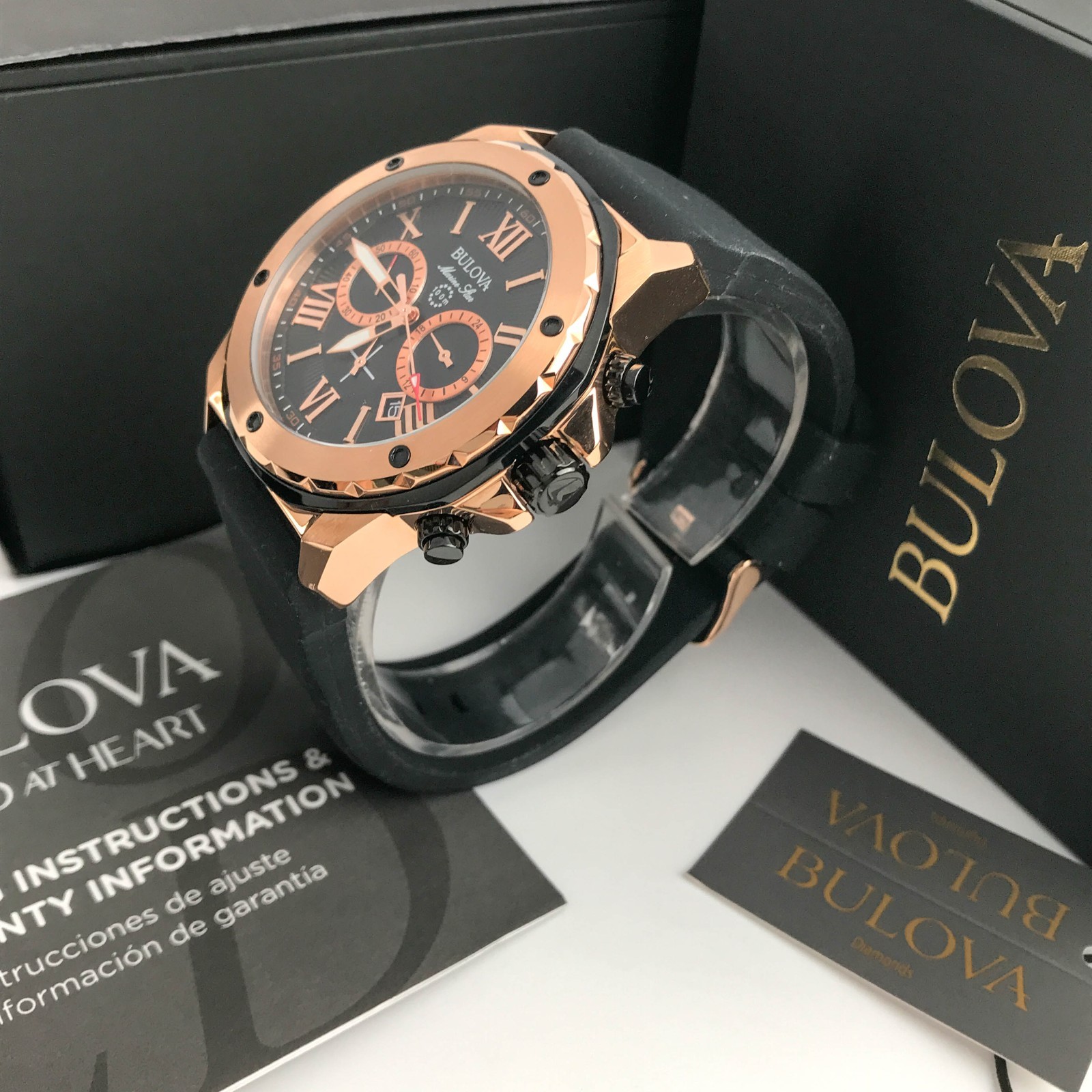 Bulova Marine Star 98B104 Black Dial Silicone Strap Chronograph Men’s Watch 44mm