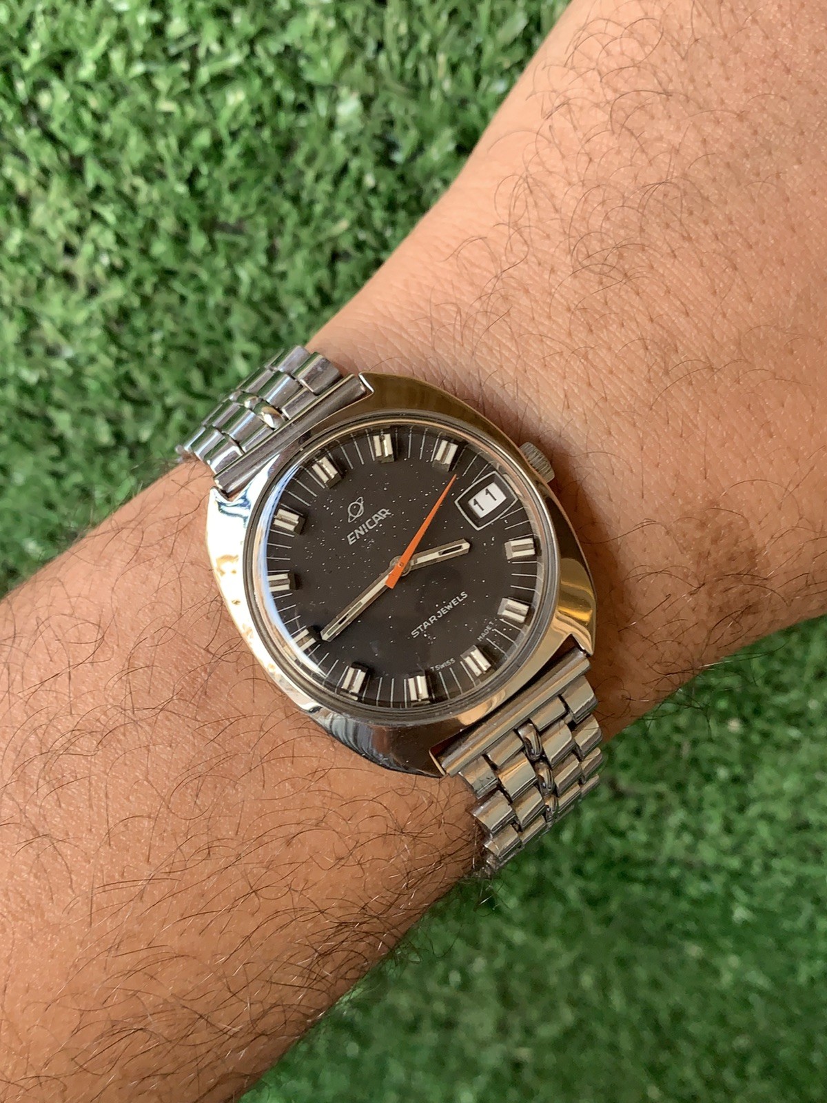 Vintage Enicar Ocean Pearl Watch Stainless Steel Star Jewels Dial 36mm Men 1960s