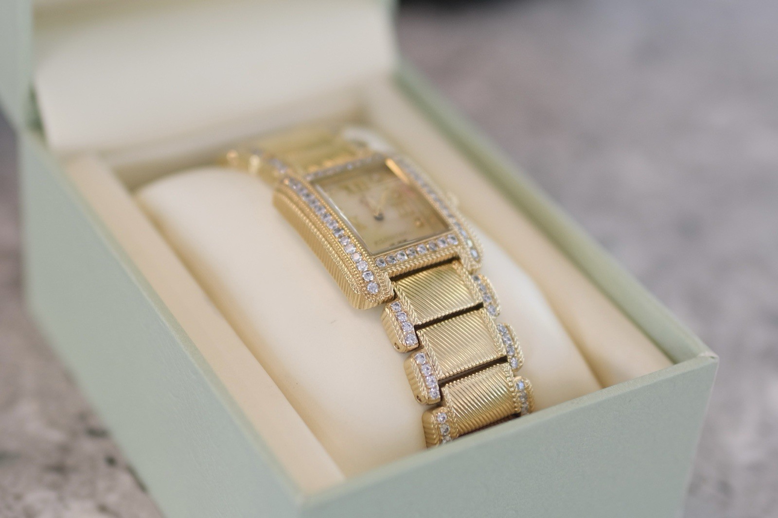 Judith Ripka Gold-Tone Rectangle Quartz Watch Gemstone Bezel/Markers w/ Box
