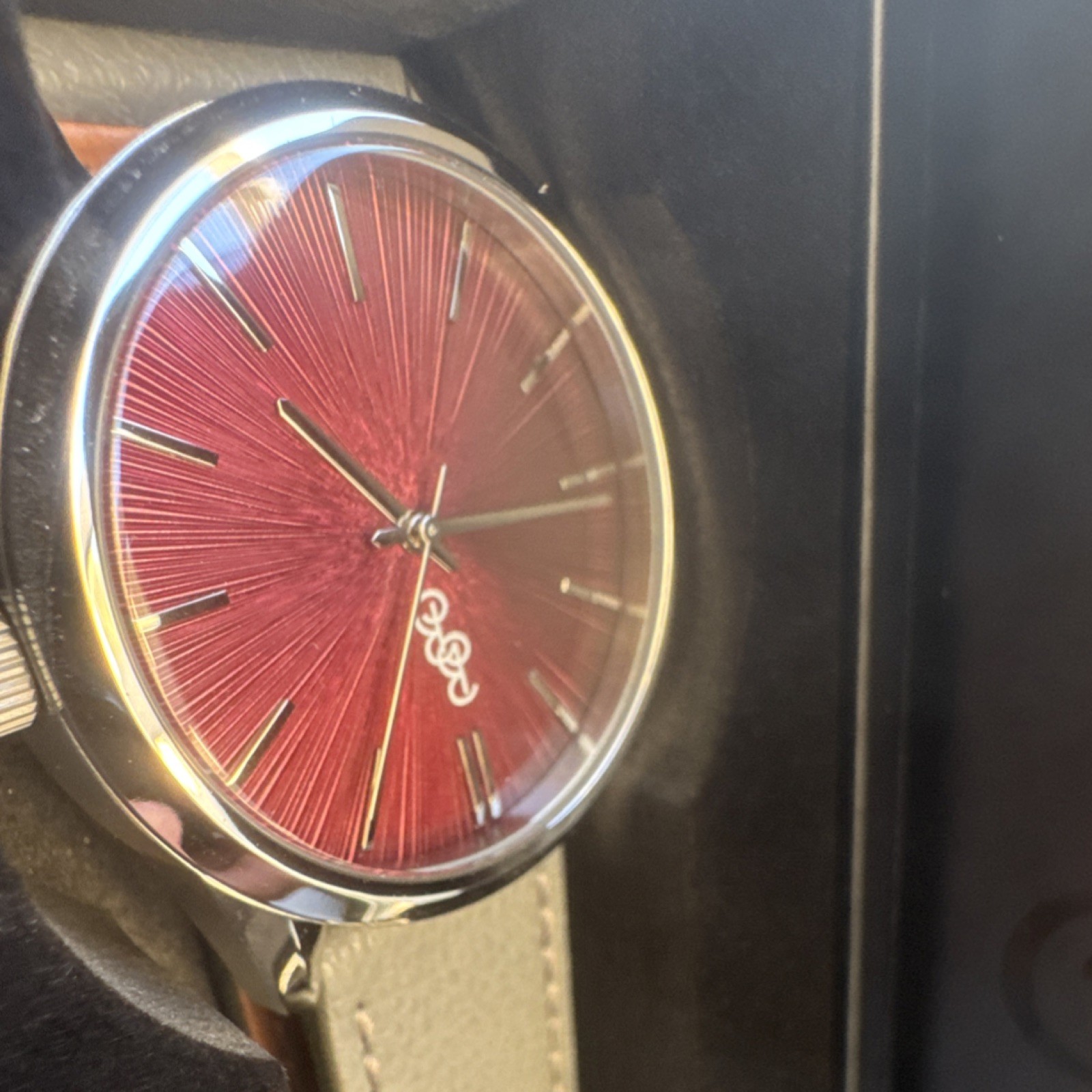 Beyond Boring Quartz Analog Red Sunburst Dial Silver Case Gray Vegan Leather St…