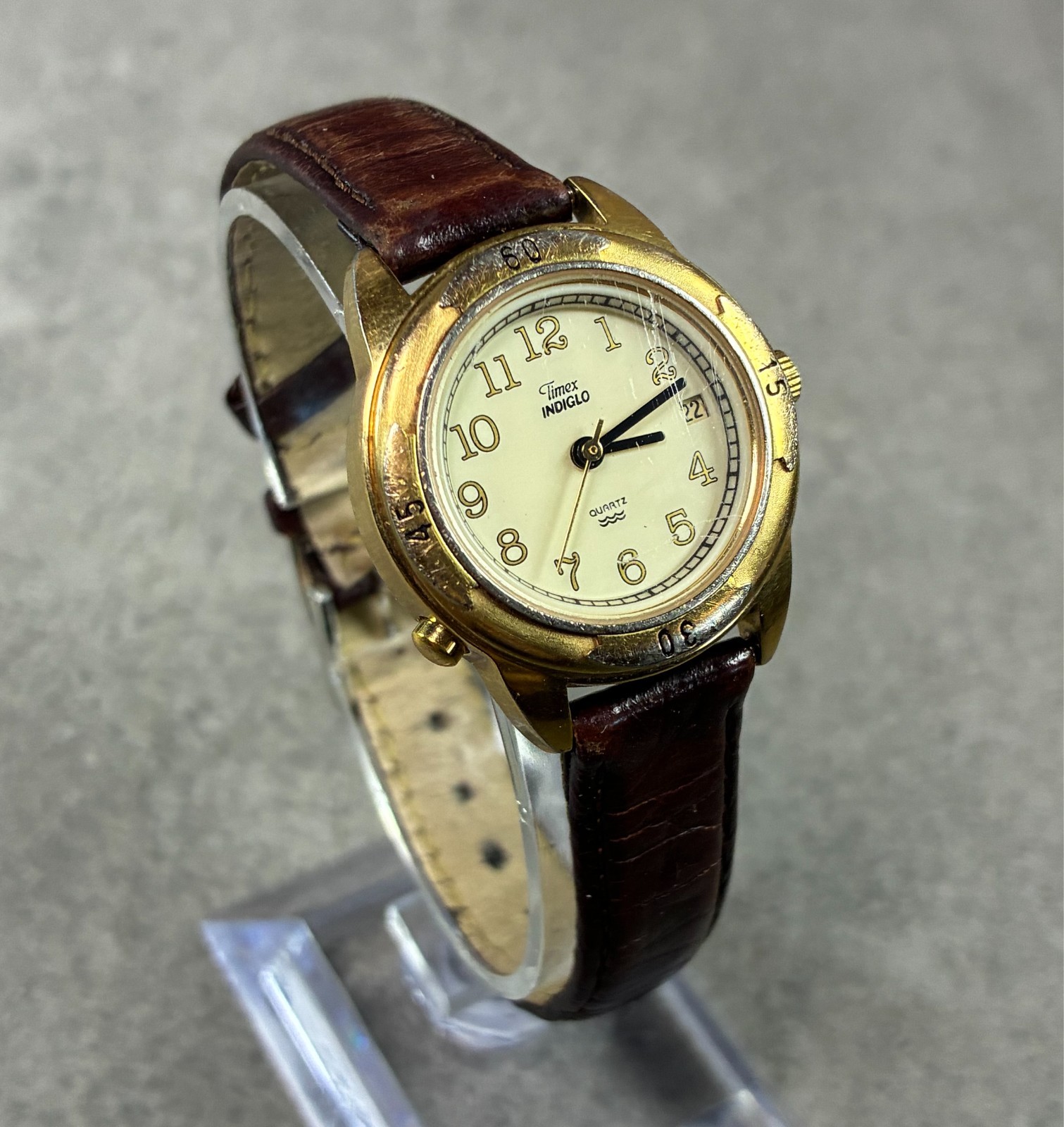 Timex Women’s Quartz Watch 27mm Gold Cream Dial Date Brown Leather 1996 Working