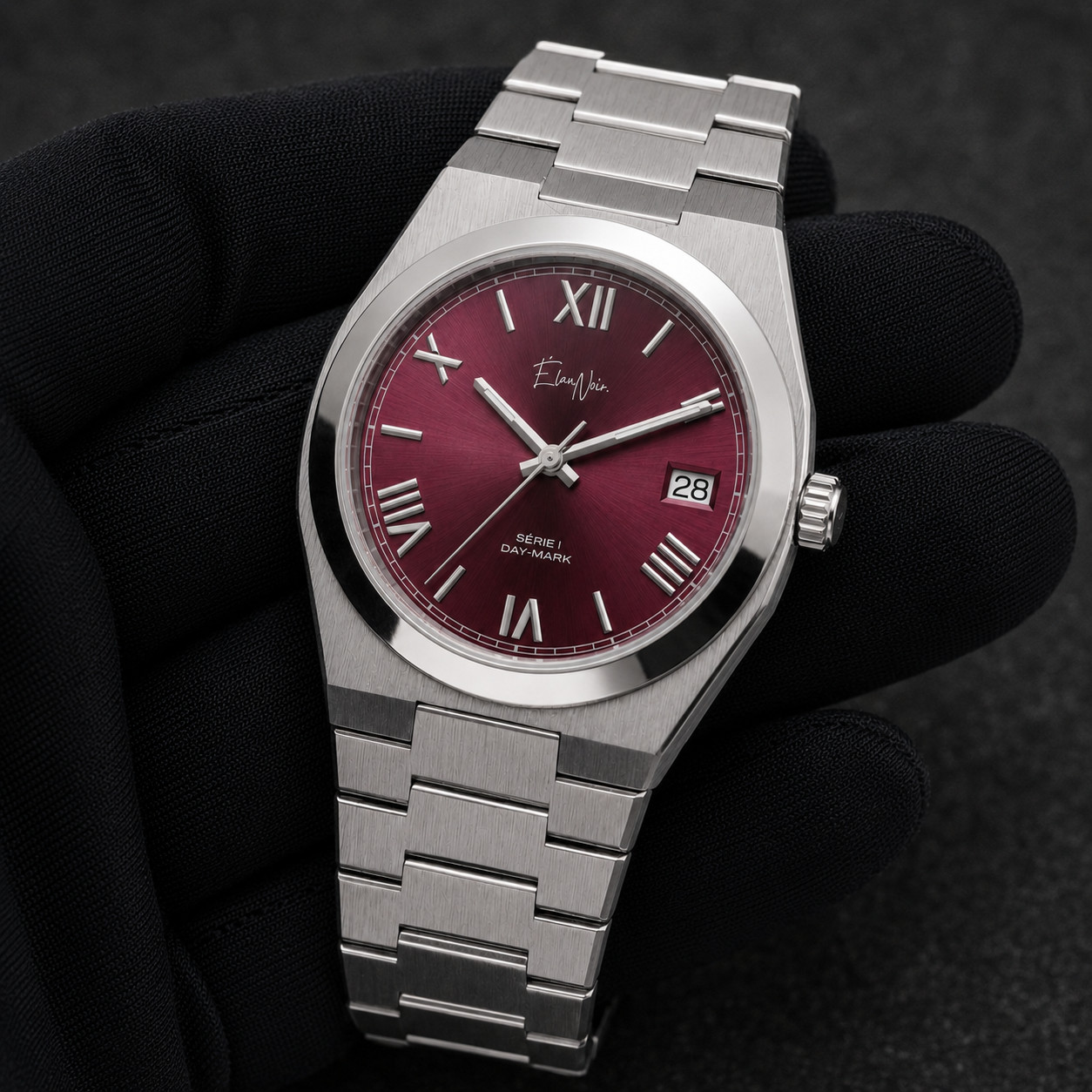 Élan Noir Automatic Maroon & Silver 39mm – NH35 RARE 1 OF 1 WATCH FULLY CUSTOM