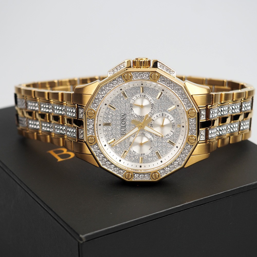 Men’s Bulova Octava Crystal Gemmed Dial Gold Stainless Steel Quartz Watch 98C126