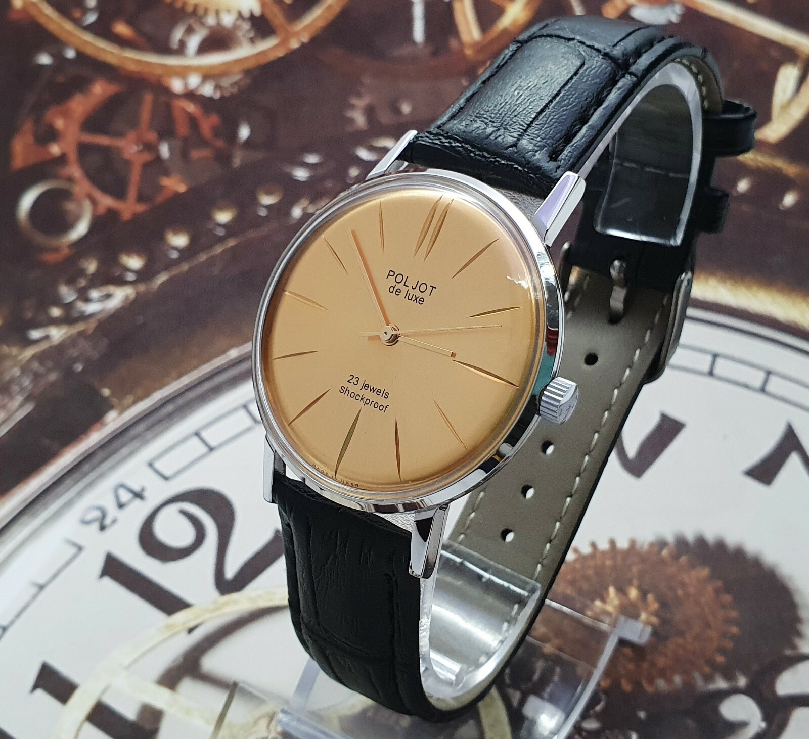 Poljot De Luxe ULTRA SLIM 2209 Gold Dial Mechanical Watch Vintage Style USSR