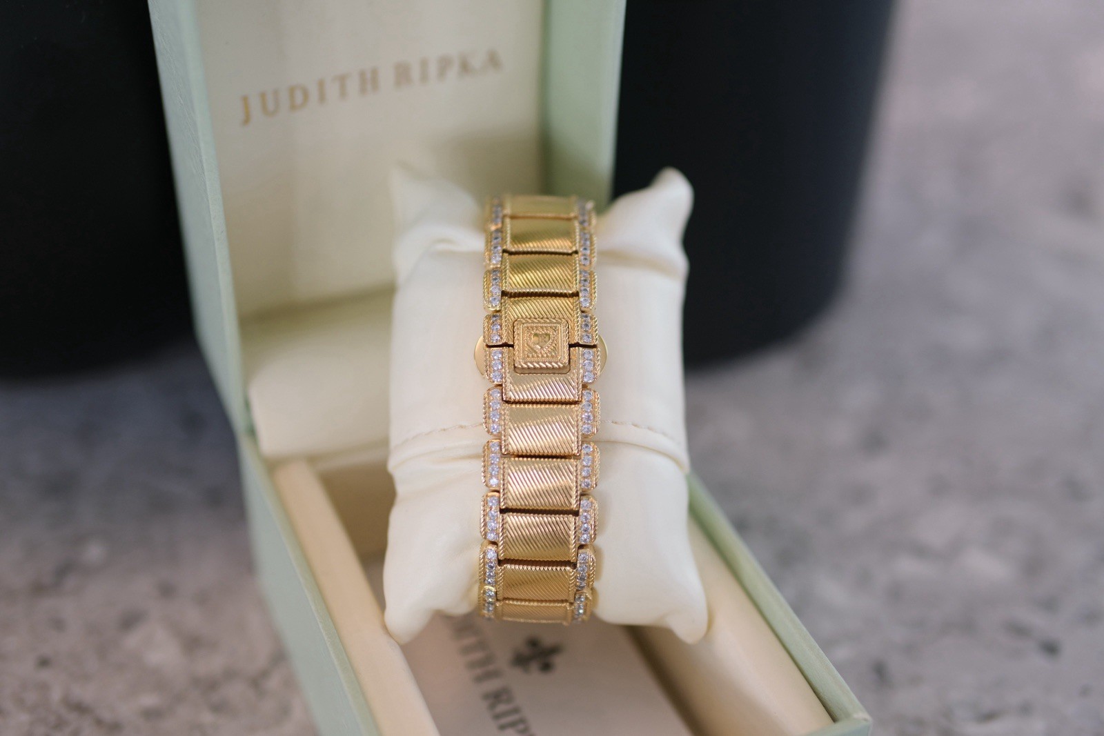 Judith Ripka Gold-Tone Rectangle Quartz Watch Gemstone Bezel/Markers w/ Box