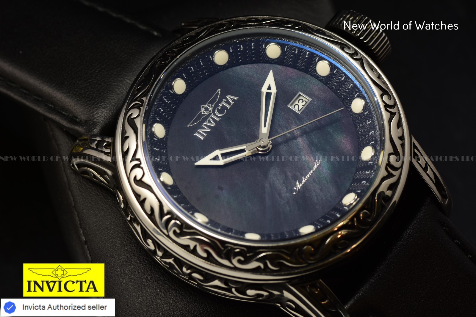 Invicta Men’s Vintage 52mm Automatic MOP Dial Black Tone Leather Strap Watch