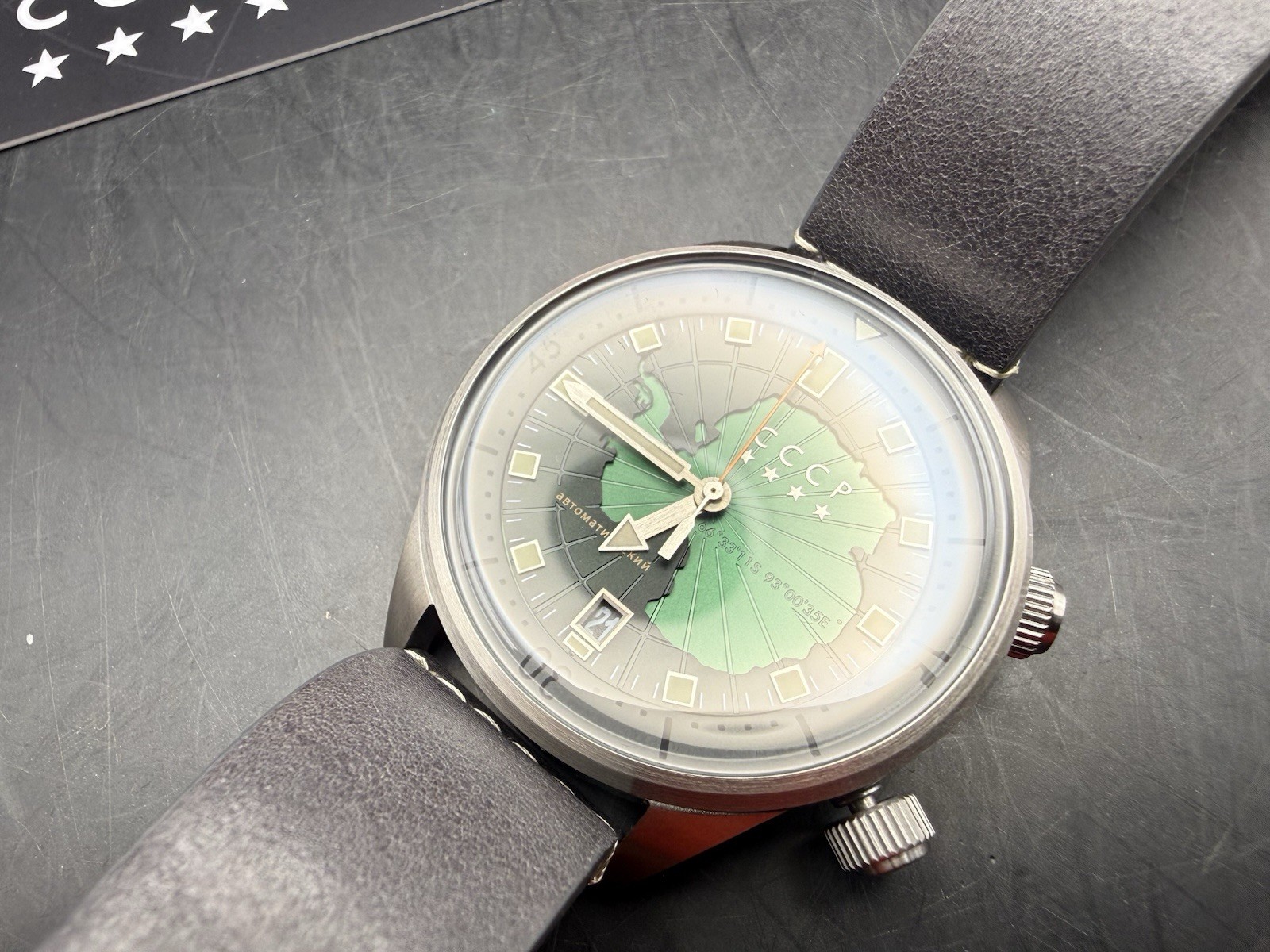 CCCP Mirny Watch Soviet-Inspired Green Dial Leather Strap Box Damage