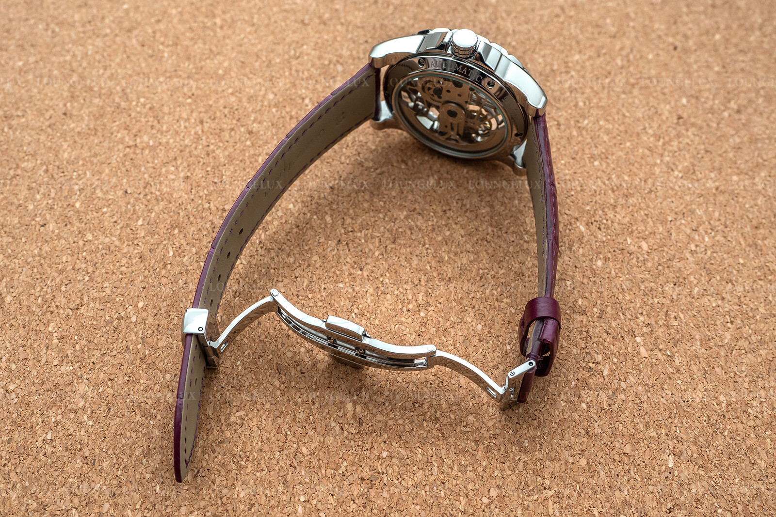Mens Silver Flywheel Skeleton Automatic Mechanical Watch Purple Leather