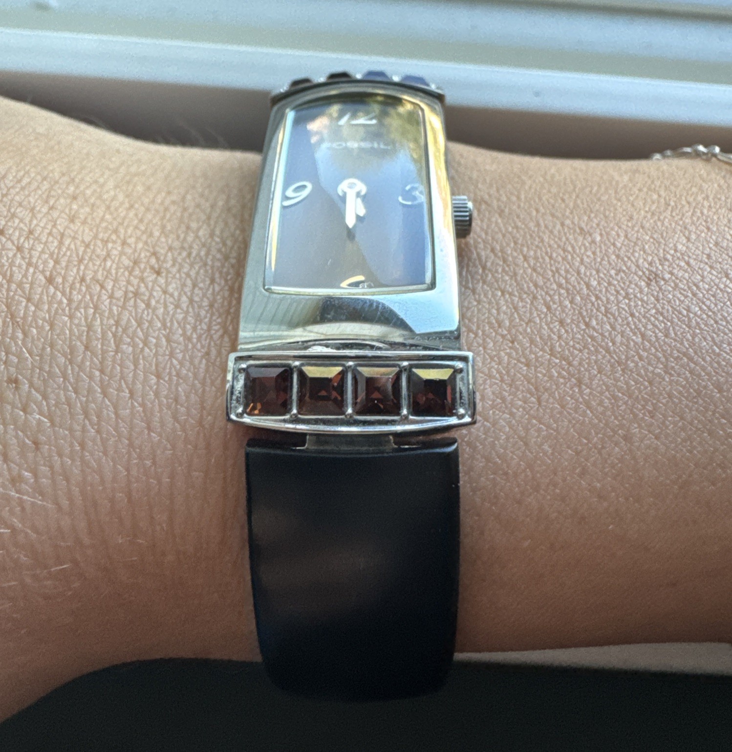 Fossil F2 Women’s Watch, ES-1555, Silver with Chocolate Brown Gemstones & Band.