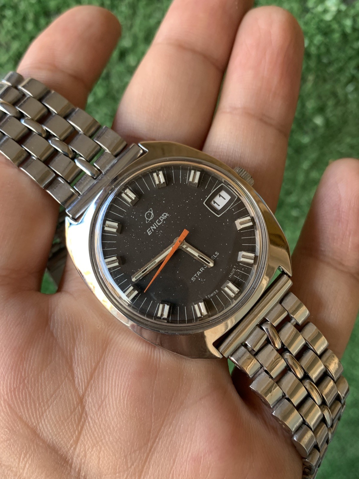Vintage Enicar Ocean Pearl Watch Stainless Steel Star Jewels Dial 36mm Men 1960s