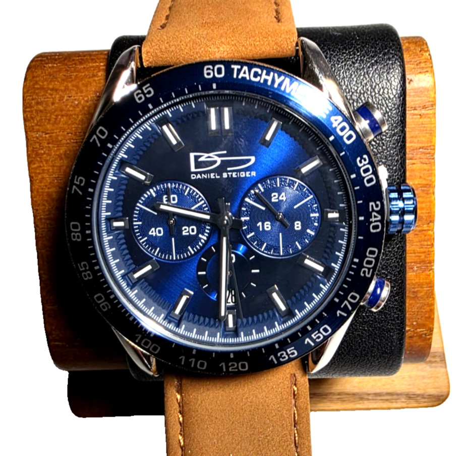 Daniel Steiger Chronograph Quartz Blue Dial Tachymeter Brown Leather Watch