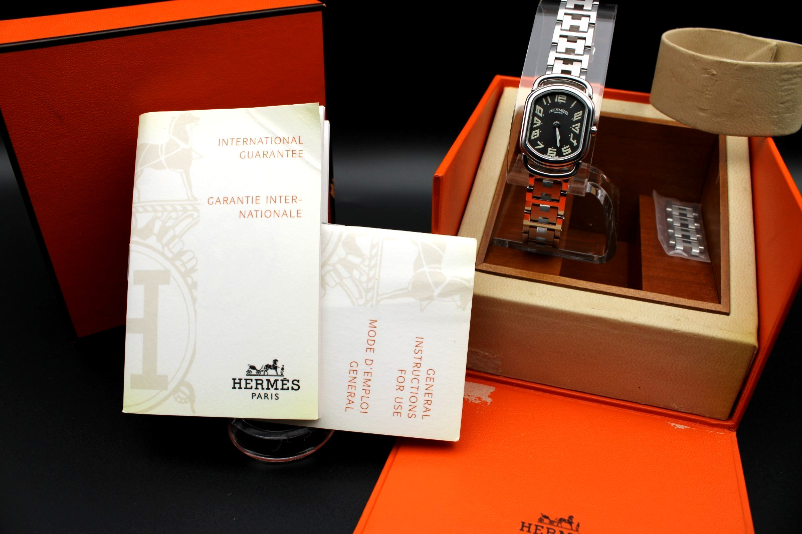 Hermès Rallye RA1.210 Ladies Quartz Gray Dial SS Watch Box Papers Complete Set