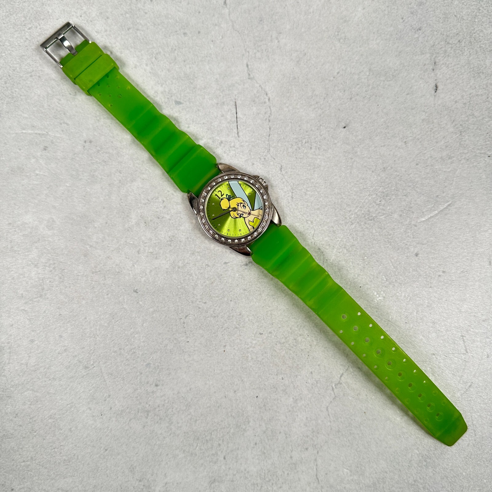 Disney Watch Womens 29mm Tinker Bell Pave Crystal Bezel Green Band New Battery